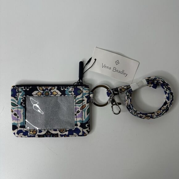 Vera Bradley Lighten Up Zip ID & Lanyard Lisbon Medallion Cool Floral Boho NEW - Picture 2 of 8